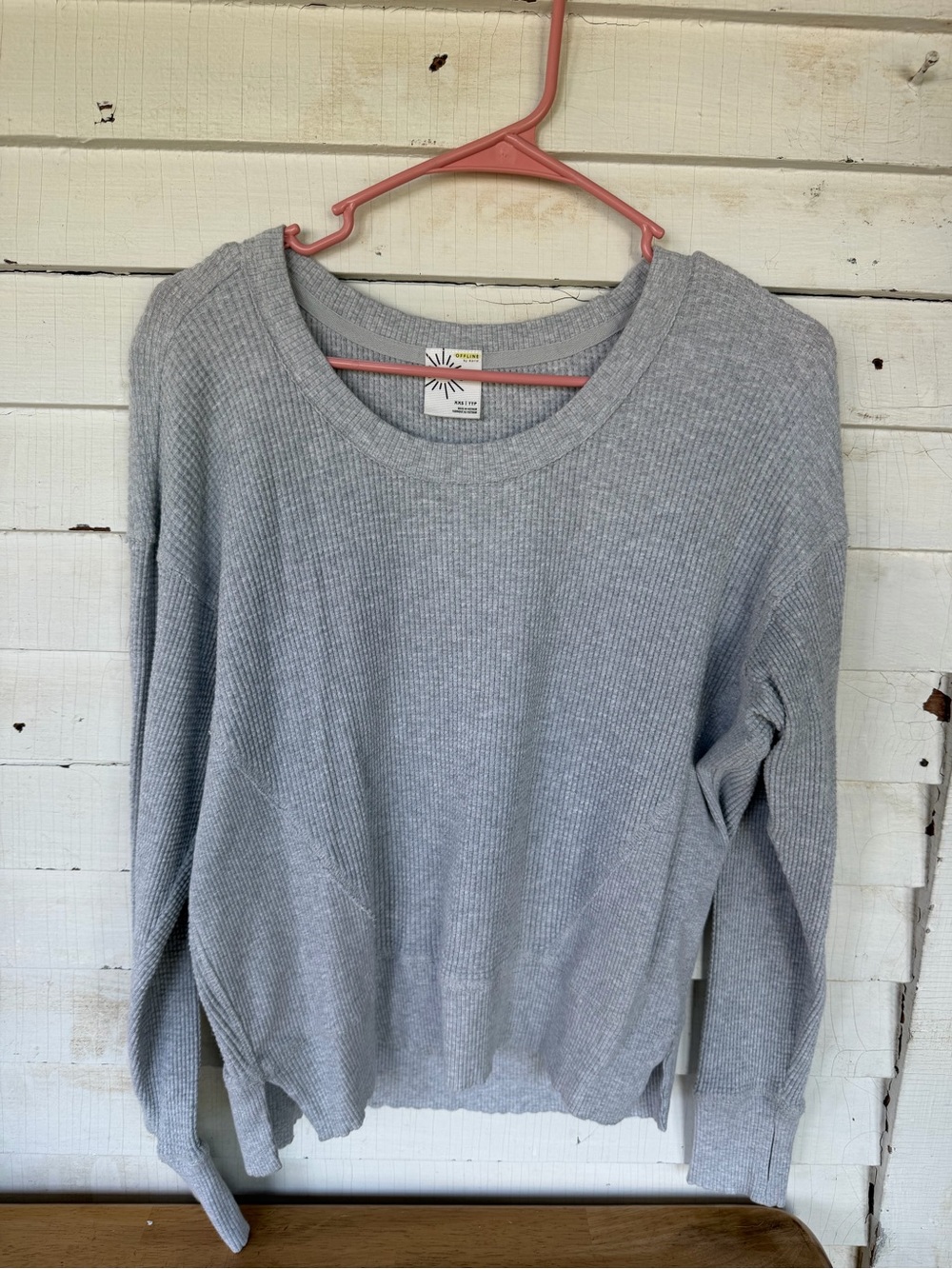 aerie Light Gray Waffle Knit Long Sleeve Top